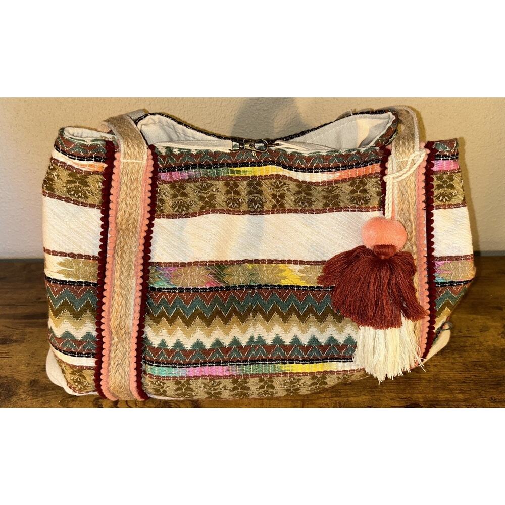 Boho Beach Tote Bag Tribal Aztec Stripe Tassel Pom Pom Summer Shoulder